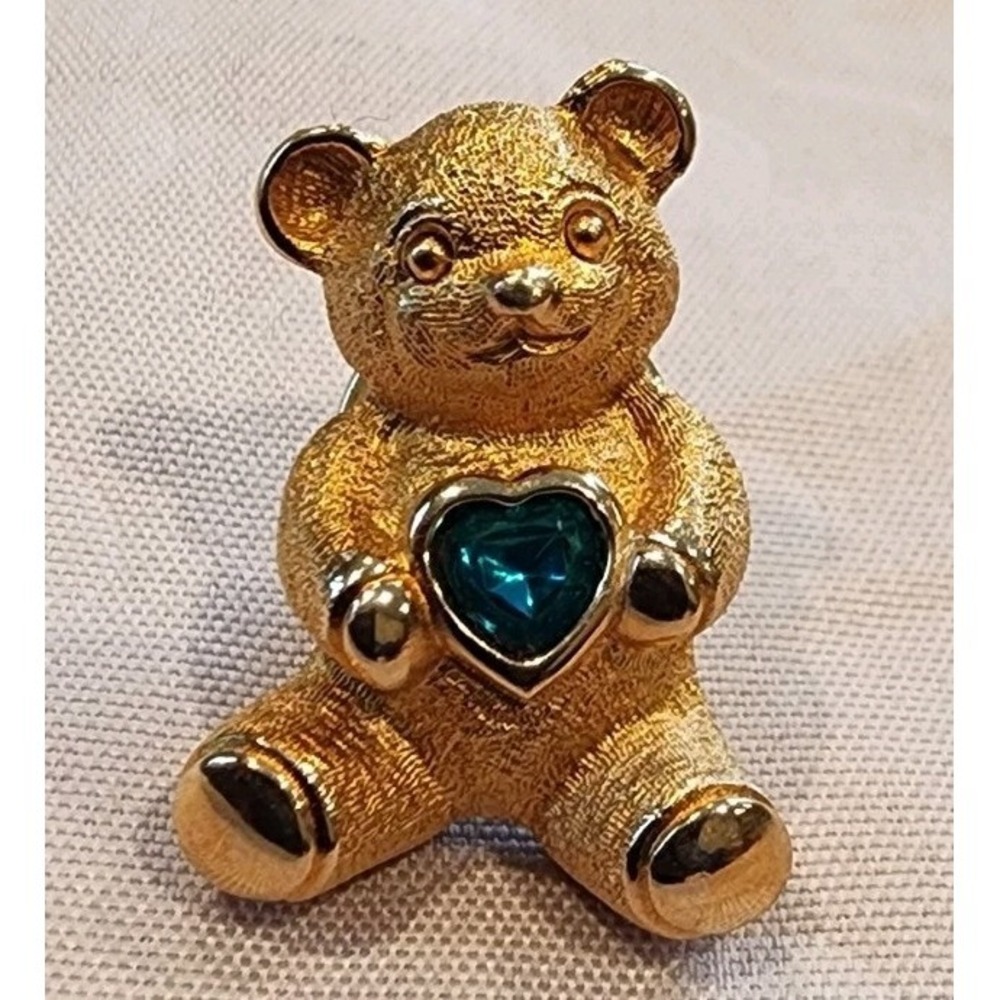 Vtg Bear Aqua Blue Avon Pin March December Birthstone Gold‎ Tone 1" Aquamarine